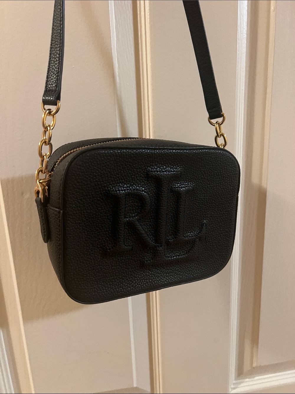 Ralph Lauren Black Pebbled Leather RL Logo Crossbody